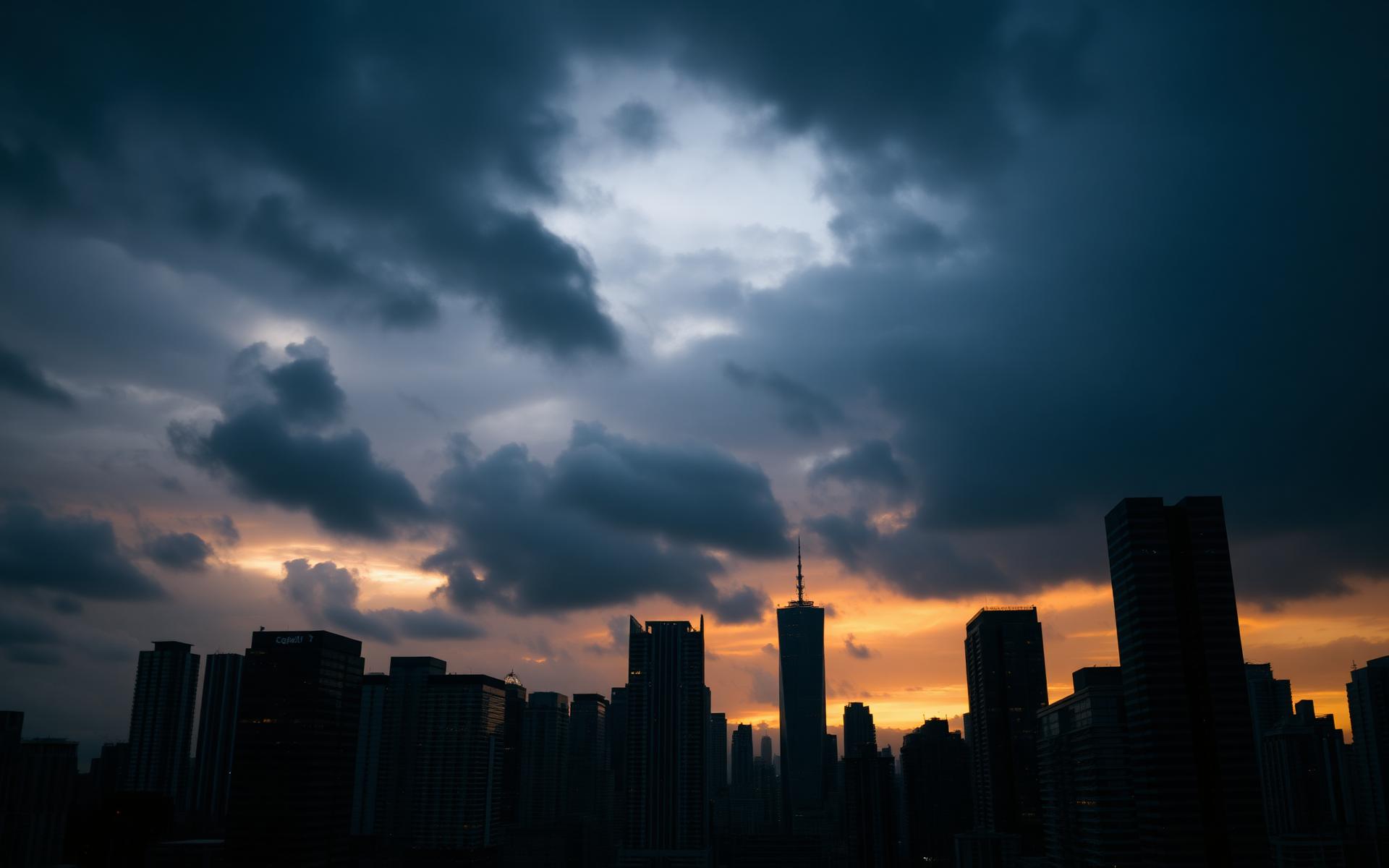 Dark cinematic city skyline at dusk